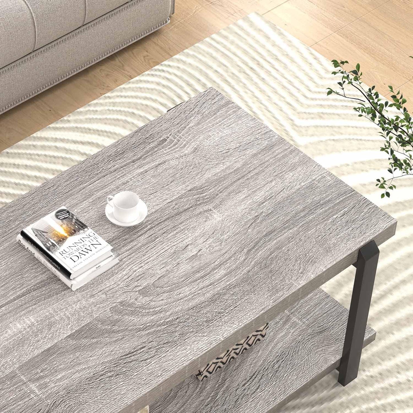 FOLUBAN Rustic Coffee Table, Modern Wood Center Table for Living Room, Industrial 2 Tier Rectangle Low Cocktail Tea Table with Storage Shelf, Light Grey