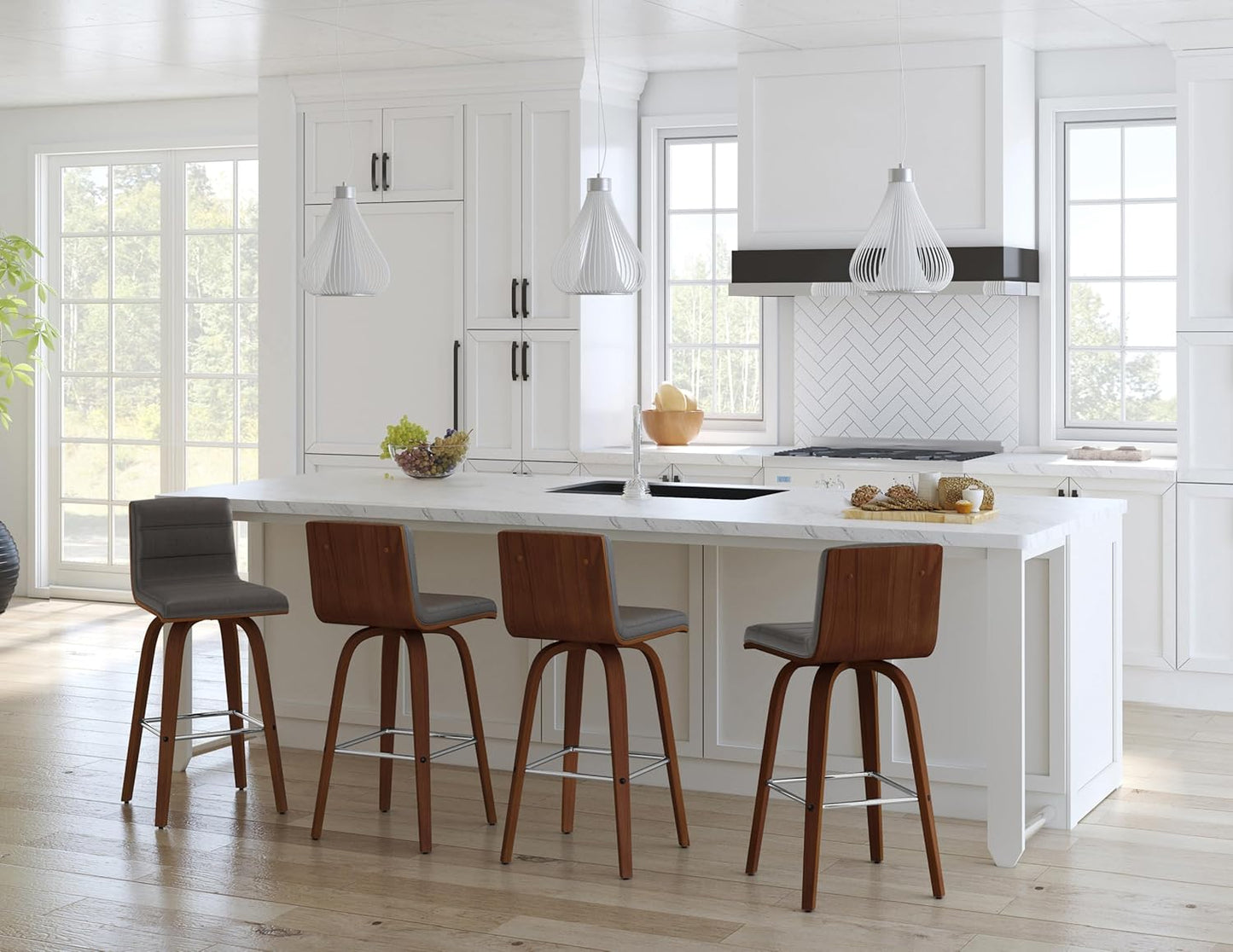 Armen Living Vienna 26" Swivel Counter Stool in Walnut Wood Finish with Gray Faux Leather - Set of 4