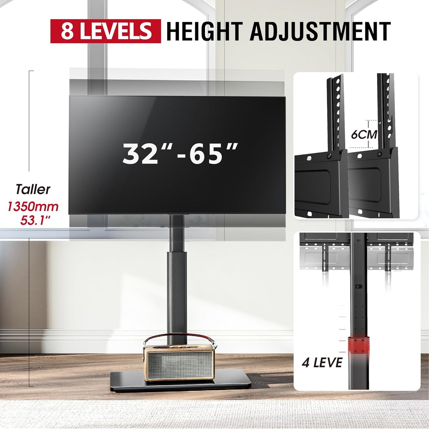 Swivel TV Floor Stand for 32-65 Inches TVs, 8 Level Height Adjustable Corner Small TV Stand Mount for Living Room/Bedroom, Holds up to 88 lbs,MAX VESA 400x400mm,Black