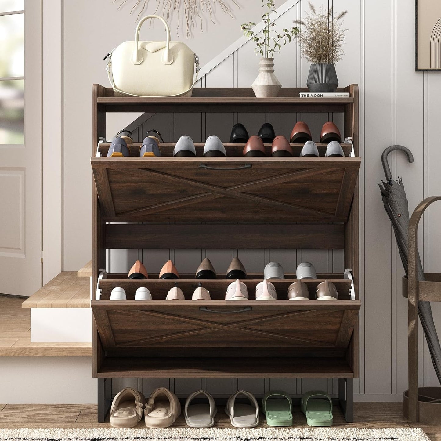 Maupvit Shoe Storage Cabinet with 2 Flip Drawers, Freestanding Organizer with Metal Legs for Entryway, Narrow Shoe Rack Cabinet, Dark Walnut