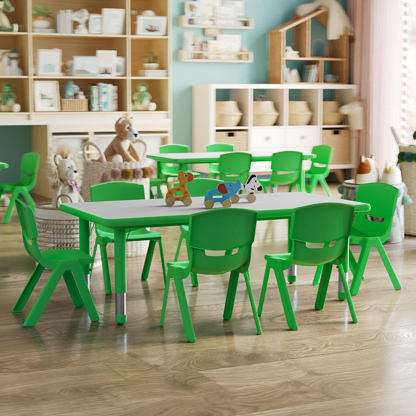 Flash Furniture Emmy Adjustable Classroom Activity Table with 6 Stackable Chairs, Plastic Activity Table for Kids, 23.625" W x 47.25" L, Green/Gray