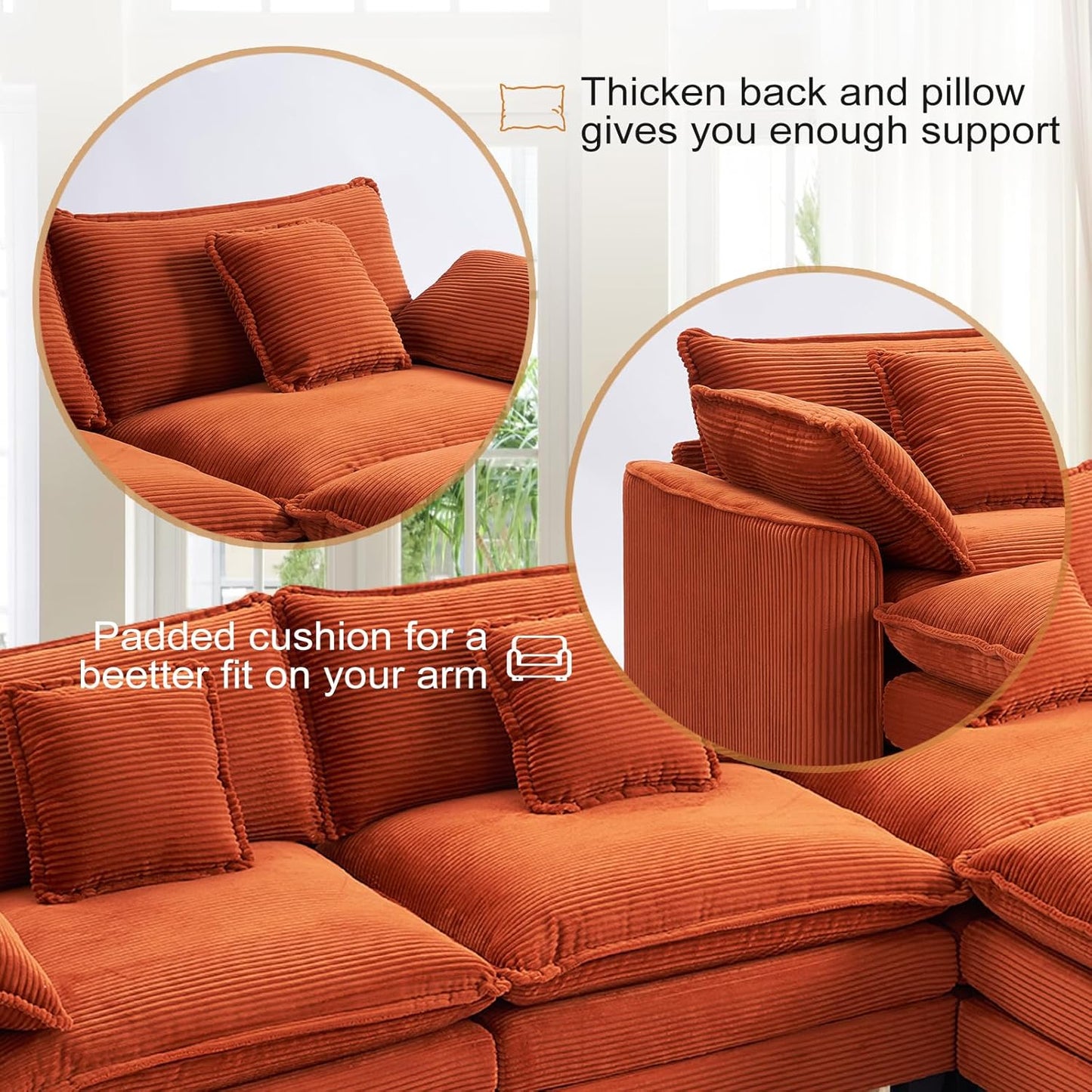 Furniliving 117‘’ L-Shaped Sofa, Luxury Corduroy Modular Sectional Couches with Ottoman, Upholstered Deep Seat Sleeper Sofa with Memory Foam and Waist Pillows, Orange