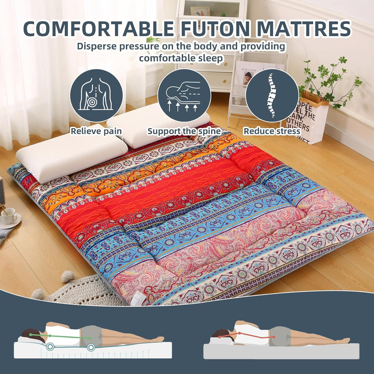Bohemian Retro Japanese Floor Mattress, Vintage Floral Tatami Floor Mat, Portable Roll up Futon Mattress for Guest,Tavel (C,Full 80" X 47")