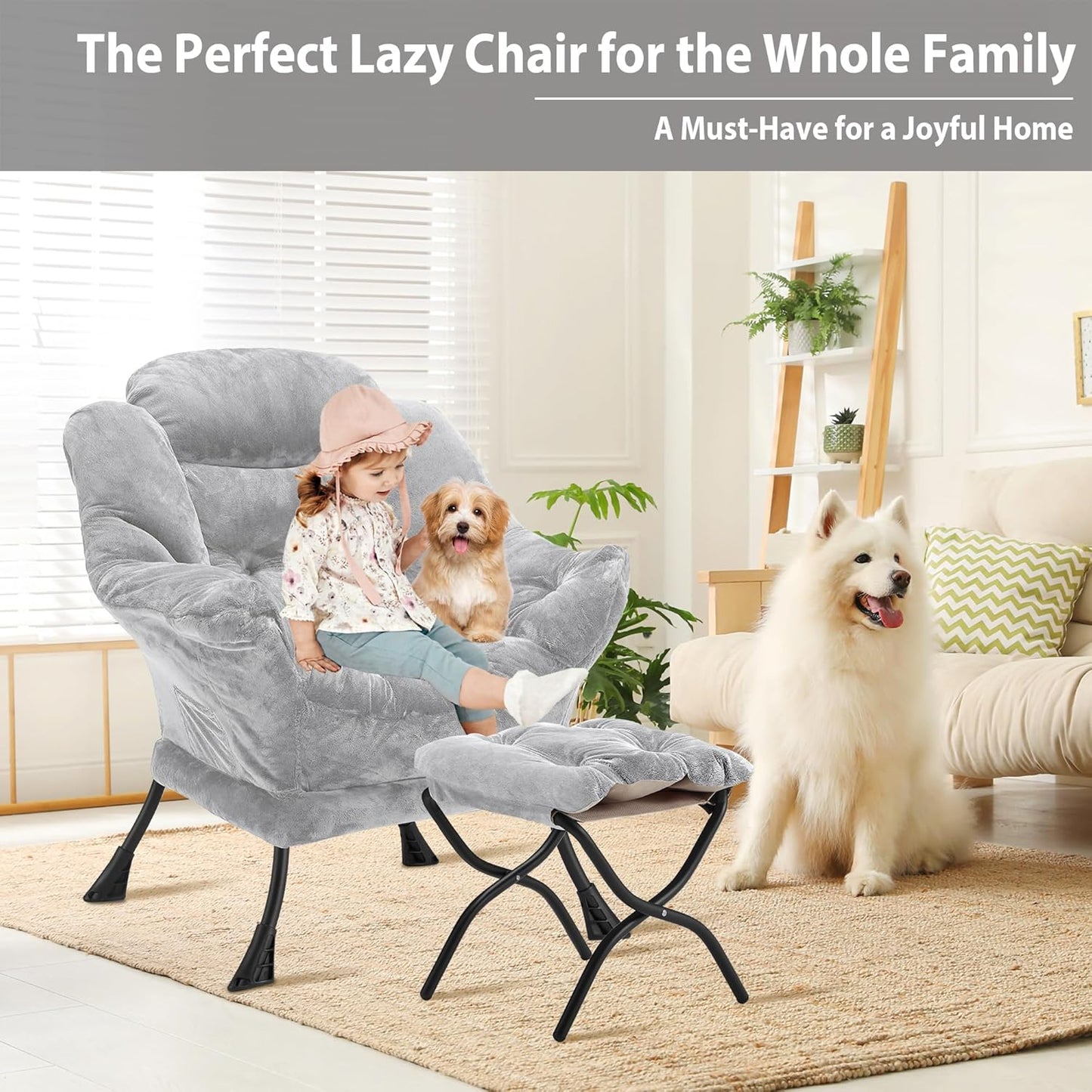 Lazy Chair with Folding Ottoman, Accent Chair Plush Upholstered with Metal Structure and Non-Slip Pads, Sofa Armchair with Footrest and Side Storage Bag for Dorm, Room, Office, Light Gray