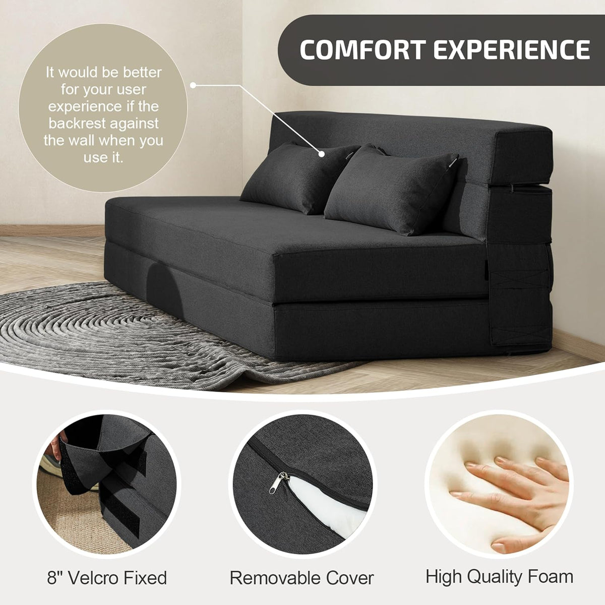 Convertible Folding Sofa Bed - Chair Bed Sleeper with Pillow, Modern Linen Fabric Fold Out & Futon Couch, Foldable Mattress for Living Room/Dorm/Guest Use/Home Office, Queen Size, Dark Gray