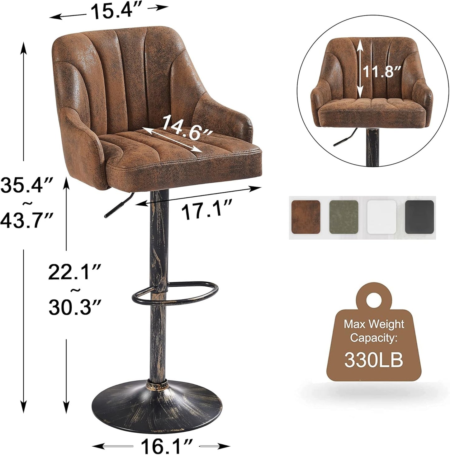 VECELO Bar Stools Set of 2, Adjustable Bar Stools Counter Height Barstools with Back and Arm, Swivel Bar Chair Stools for Kitchen Counter Island Cafe Dining Room, Industrial Style, Dark Brown