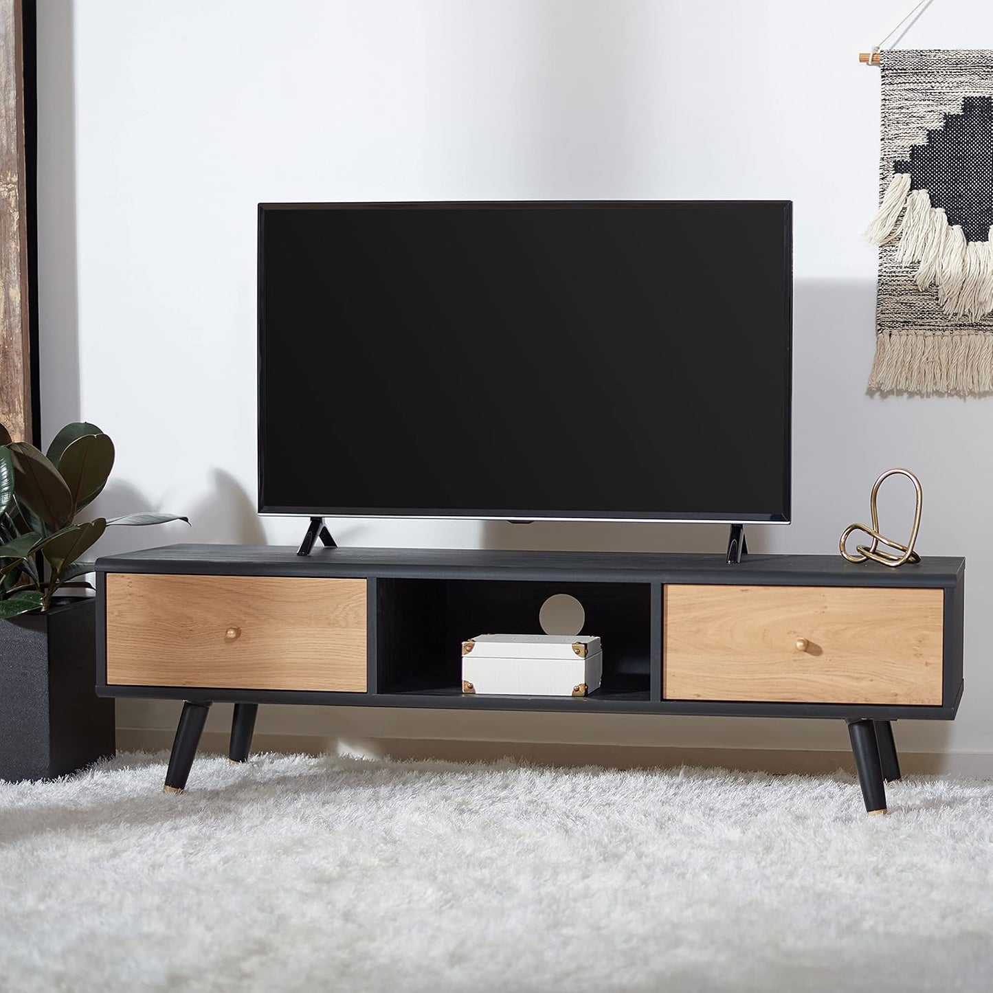 SAFAVIEH Beatrix TV Stand for up to 60" Flatscreen – Black & Oak, 2 Doors with Interior Storage, 1 Open Shelf, Entertainment Media Console (MED9607A)