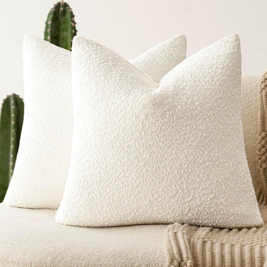 Foindtower Set of 2, Decorative Textured Boucle Throw Pillow Covers Accent Solid Pillow Cases Neutral Soft Cozy Couch Cushion Case for Chair Sofa Bedroom Living Room Home Decor 16 x 16 Inch White