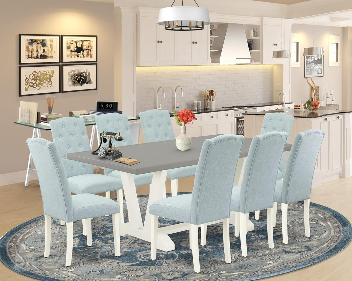 East West Furniture V097CE215-9 9 Piece Kitchen Table Set Includes a Rectangle Dining Table with V-Legs and 8 Baby Blue Linen Fabric Parsons Dining Chairs, 40x72 Inch, Multi-Color