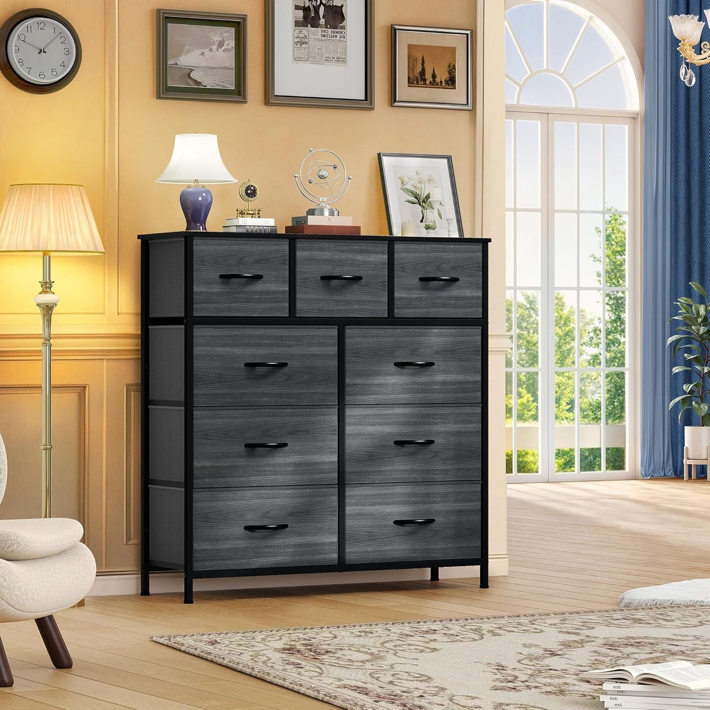 DWVO Dresser with 9 Drawers - Fabric Storage Tower, Organizer Unit for Living Room, Hallway - Sturdy Steel Frame, Wooden Top & Easy Pull Fabric Bins