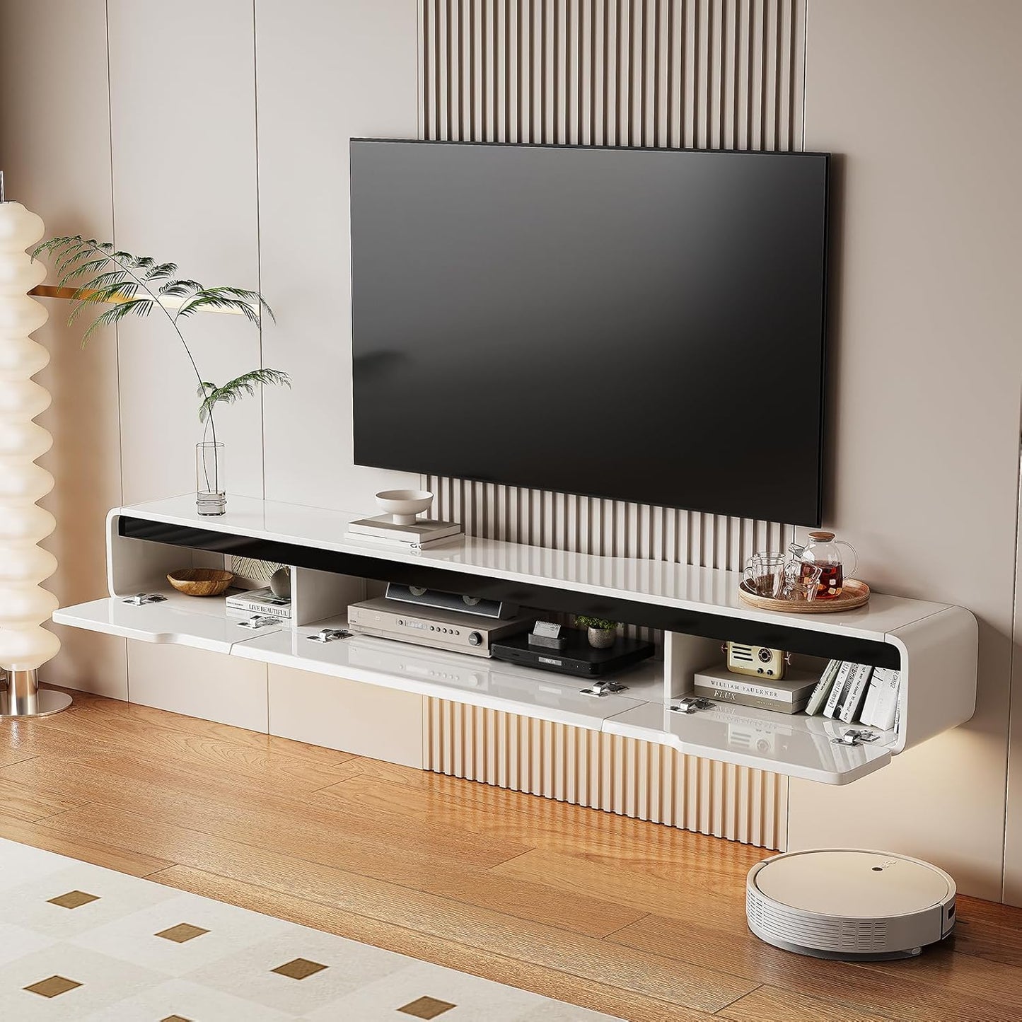 High Gloss Floating TV Stand with 3 Doors,86'' Wall Mounted TV Cabinet,Under TV Console,Floating Media Shelft for Bedroom Living Room(White)