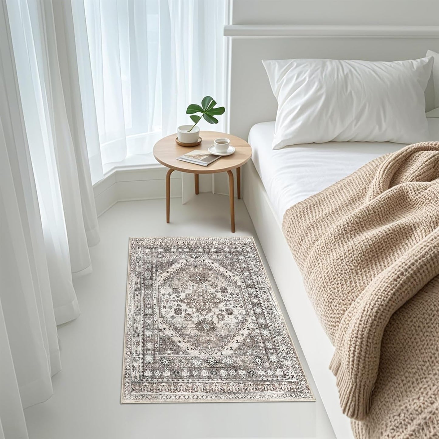 zesthome 2x3 Entryway Rug, Soft Washable Rugs, Non Slip Area Rug, Stain Resistant Low Pile Rugs for Bedroom, Vintage Rug for Door Mat, Kitchen (Brown/Beige,2'x3')