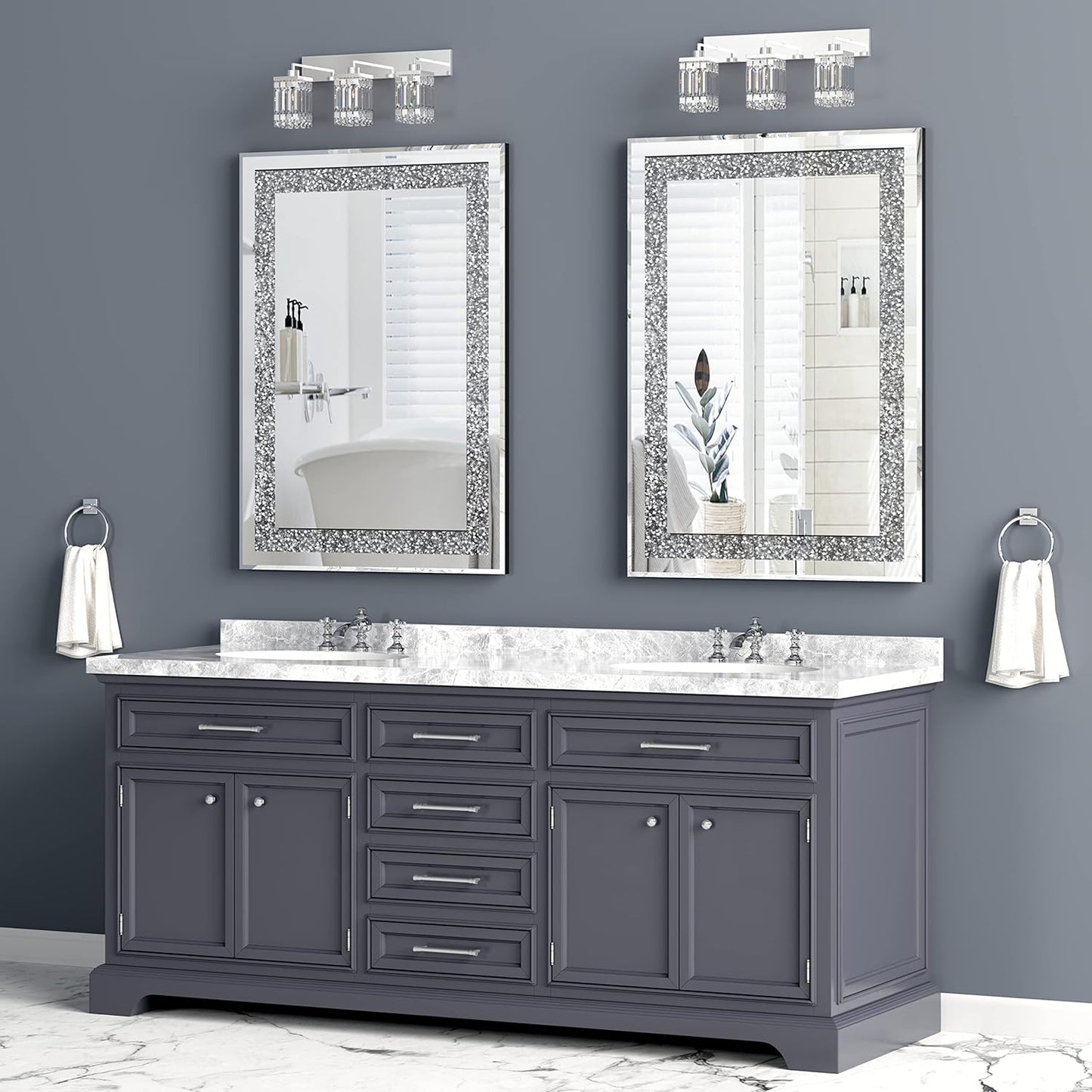 Crystal Decorative Mirror-36 x24 Gorgeous Silver Mirror, Crush Diamond Mirror for Wall Decoration Bedroom, Bathroom, Dining Room and Living Room