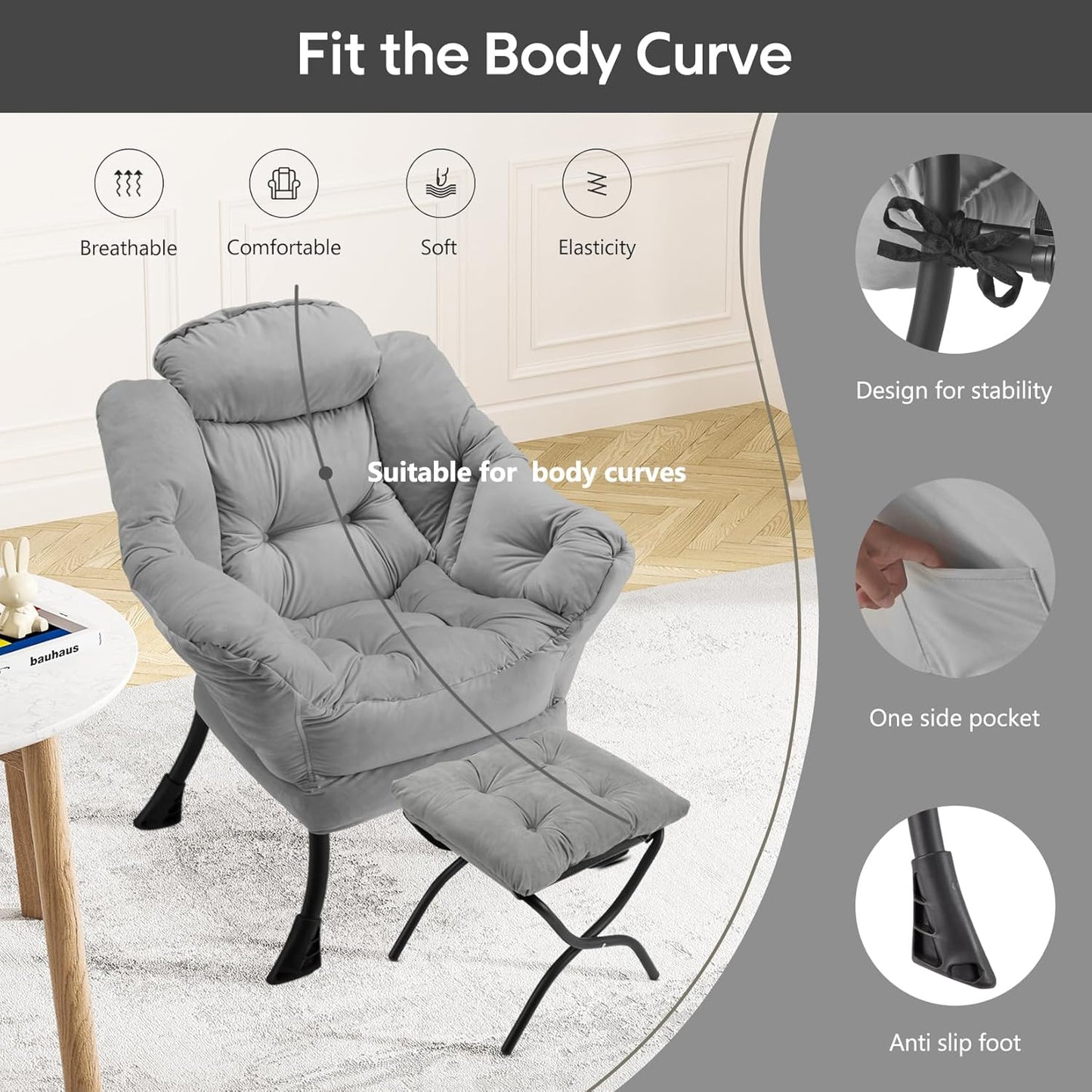 Lazy Chair with Folding Ottoman Modern Large Accent Chair,Contemporary Lounge Leisure Sofa Chair with Armrests Upholstered Sofa Armchair Reading Chair for Bedroom,Dorm&Office (Light Grey-f)