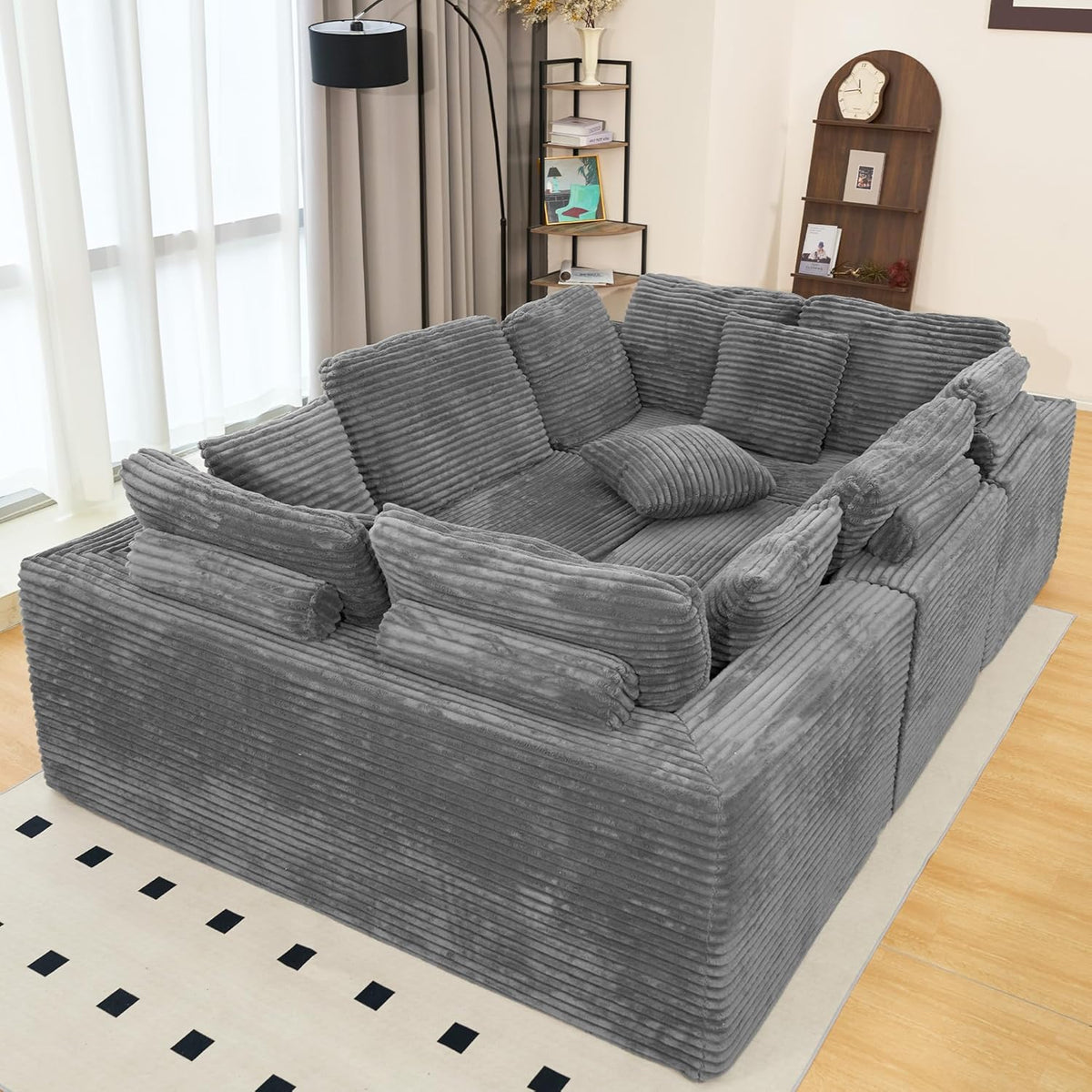 KEIKI 135" U Shape Sectional Sofa,6-Seater Modular Couch with Striped Corduroy Fabric for Living Room,Customizable Design