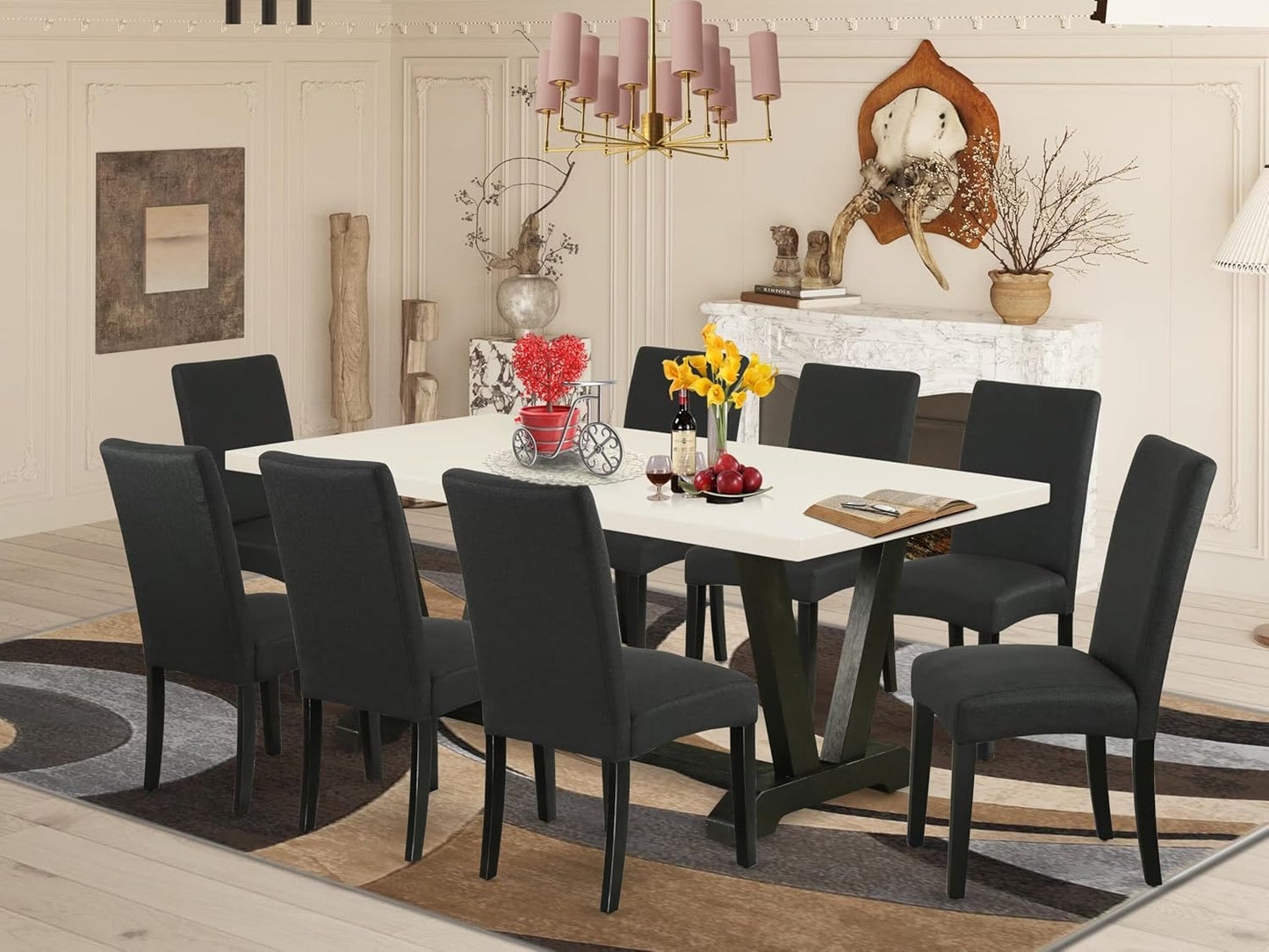 East West Furniture V627DR124-9 9 Piece Dining Set Includes a Rectangle Dining Room Table with V-Legs and 8 Black Color Linen Fabric Upholstered Parson Chairs, 40x72 Inch, Multi-Color