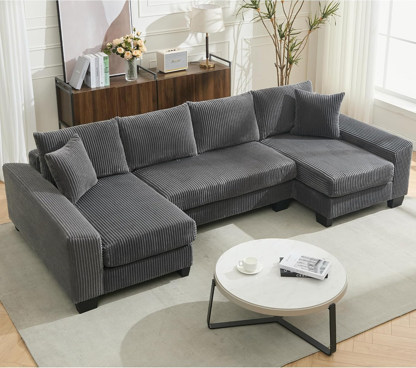 Symmetrical U Shaped Sectional Sofa Convertible Pull Out Sleeper Sofabed with Double Chaise Daybed , Corduroy Upholstered U Shaped Lounge Sofa Couch Bed w/ Throw Pillows for Living Room Apartment