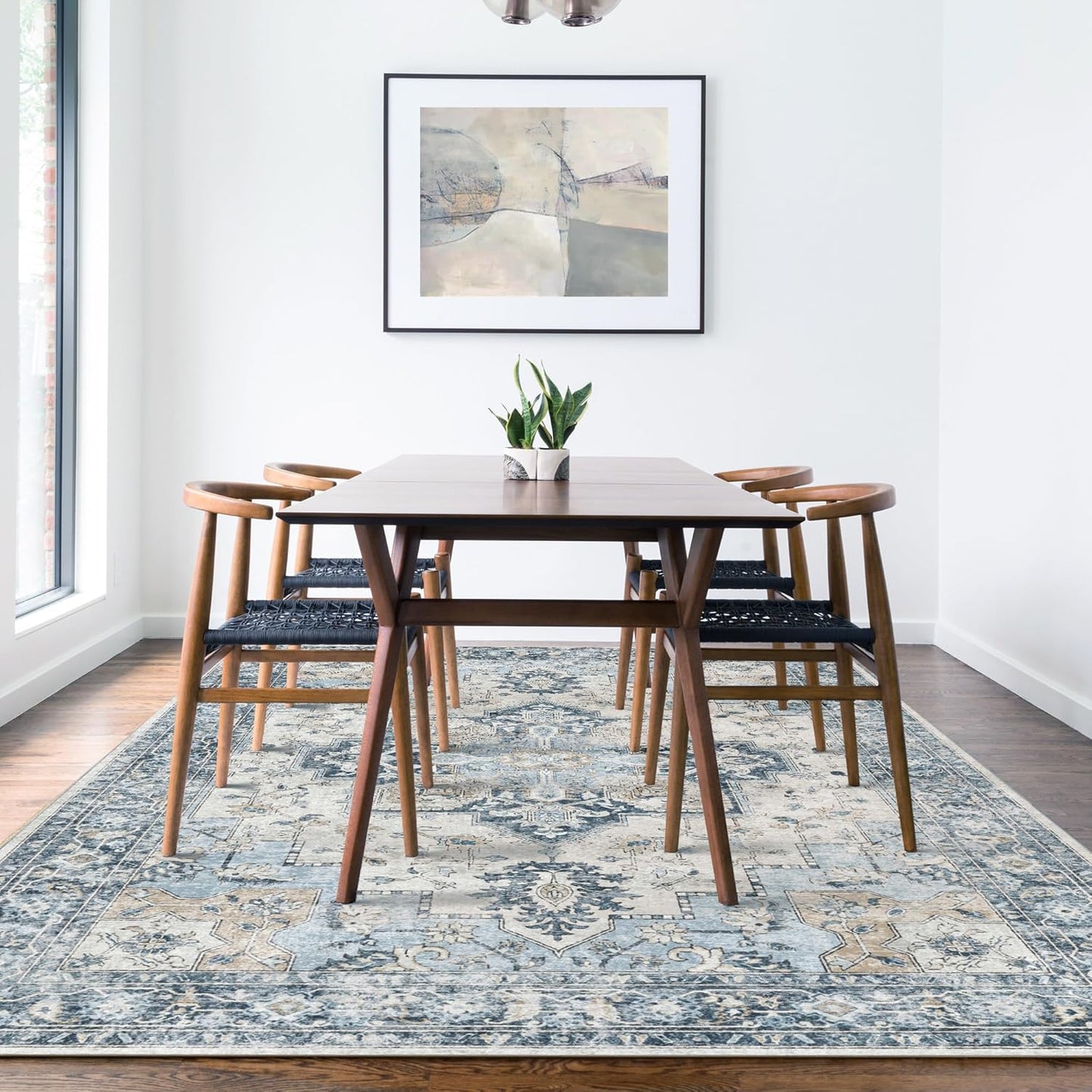 GENIMO 3x5 Area Rugs for Living Room, Machine Washable Rug, Non Slip Vintage Rugs, Low Pile Lightweight Chenille Print Rug for Bedroom, Dining Room, Home Office, Blue
