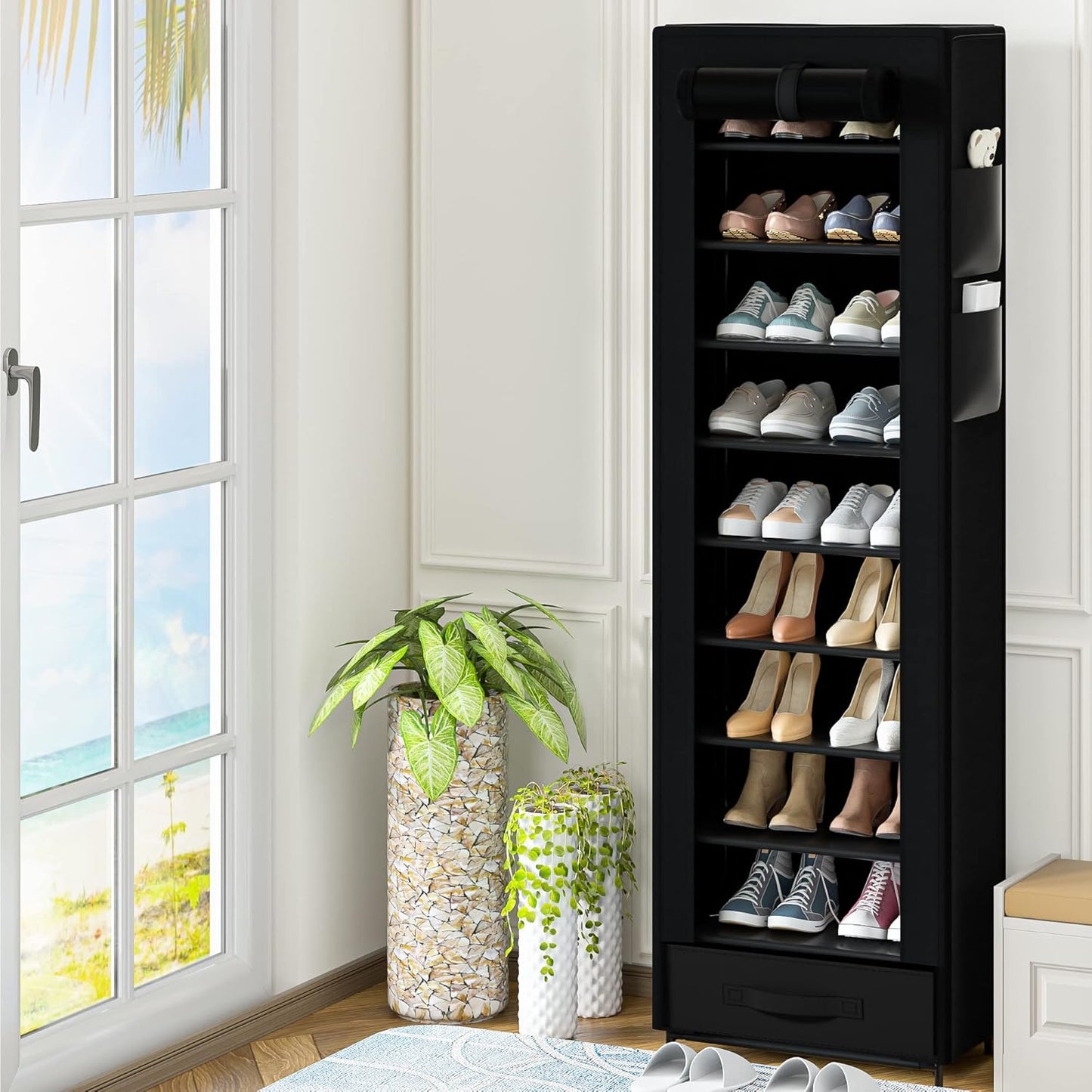 Shoes Rack 10 Tier Tall Shoe Rack Narrow Shoe Rack with Storage Box,Fabric Covered Metal Shoe Rack Organizer for Closets