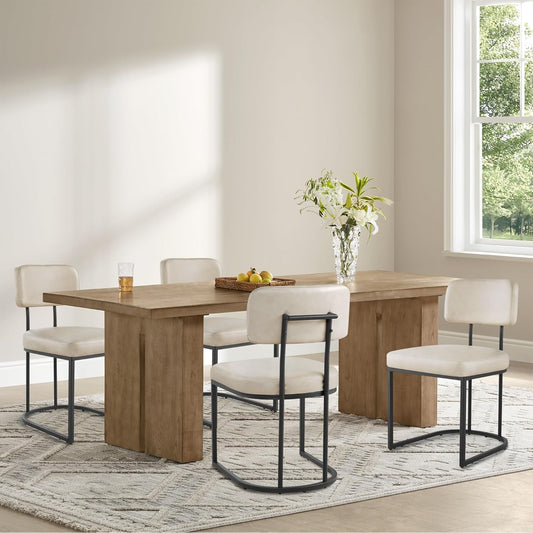 Dining Chairs Set of 6, Upholstered Modern Kitchen Chairs with Ergonomic Backrest, Faux Leather Cushion Seat & Metal Legs for Living Room, Restaurant, and Café, Beige, 2 Boxs