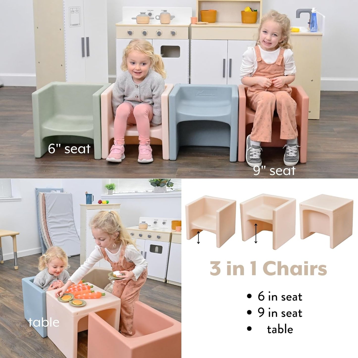 Children's Factory 3-in-1 Cube Chair for Kids, Flexible Seating Classroom Furniture, 4-Pack, Elements Colorway