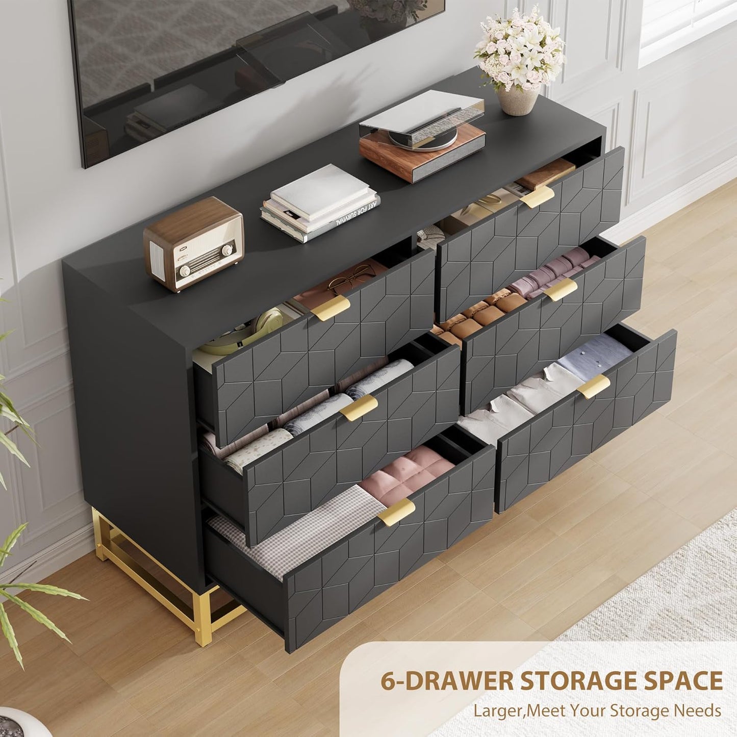GAOMON Black Dresser for Bedroom,Modern 6 Drawer Double Dresser with Gold Handles,Long Storage Organizer for TV Stand & Closet,Large Chest of Drawers for Living Room,Hallway,Entryway