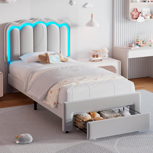 Twin Upholstered LED Bed Frame with Storage Drawer and Adjustable Chic Double Wavy Headboard, Velvet Prince Platform Bed for Boys/Kids, Solid Wood Slats Support, No Box Spring Needed, Grey