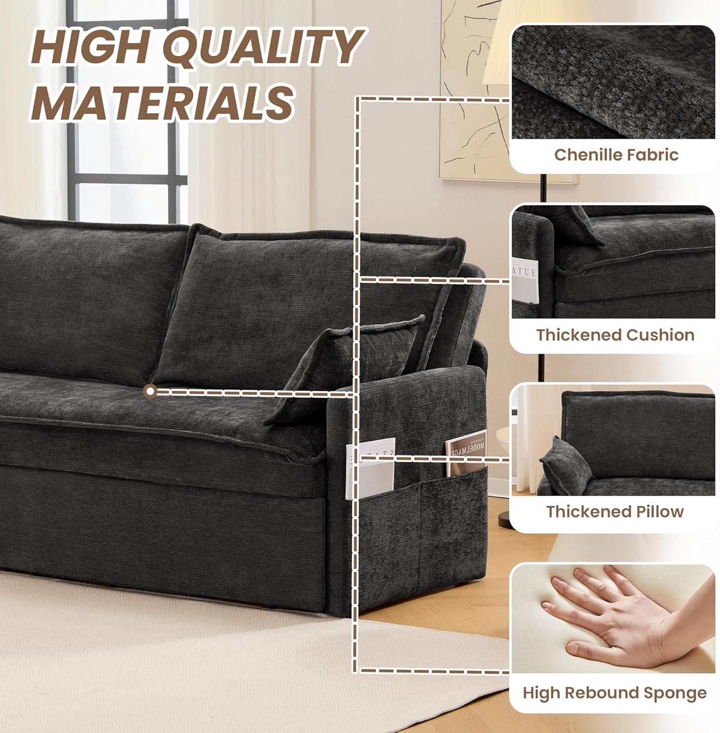 Furnimart 59.5" Queen Size Pull Out Sofa Bed, 3 in 1 Convertible Sleeper Bed with USB/C-Type Charging Ports & Side Pockets, Modern Futon Couch for Living Room, Apartment, RV, Chenille Black