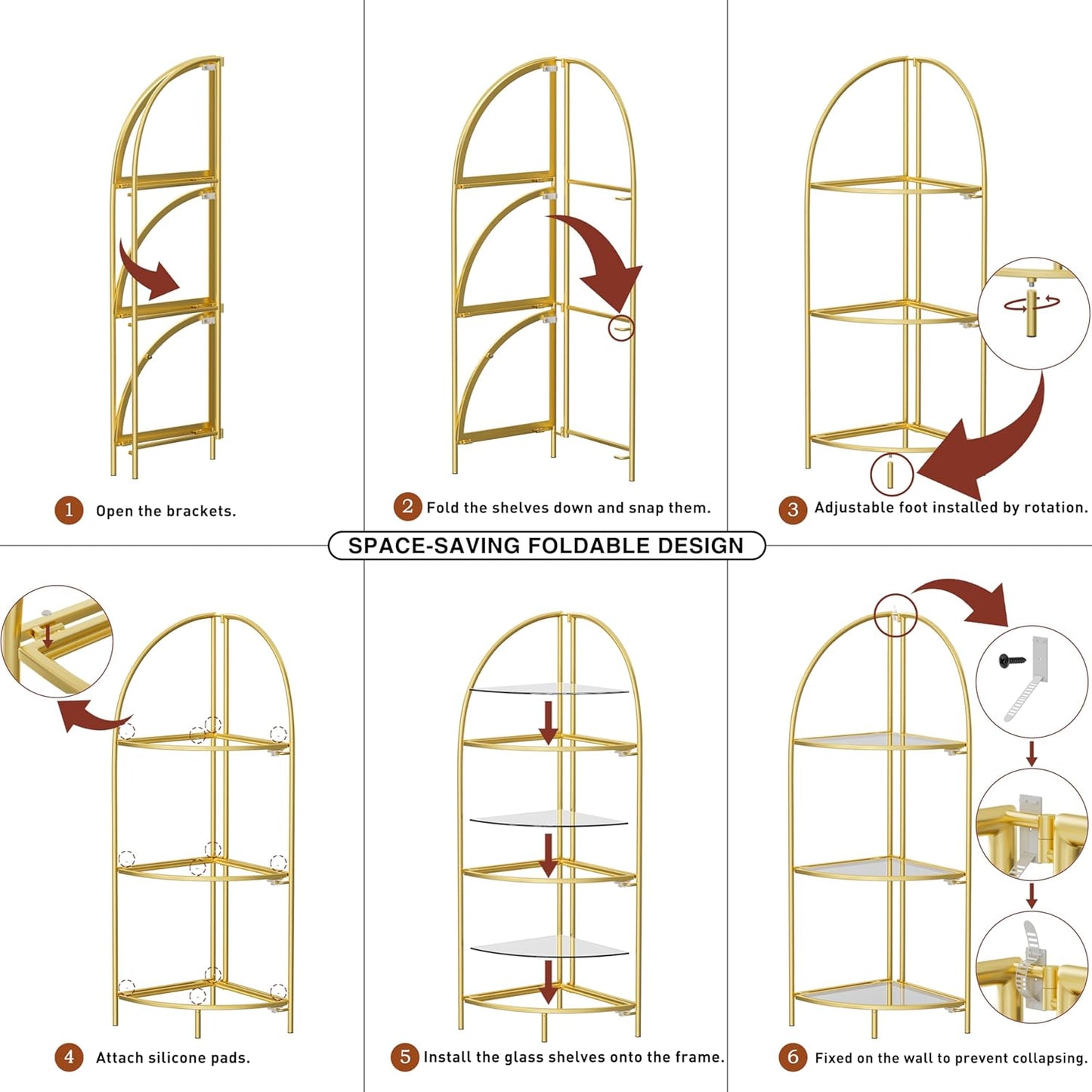 Crofy Foldable 3 Tier Corner Shelf, Metal Corner Plant Stand with Gold Frame and Transparent Shelves, Corner Display Rack Multipurpose Shelving Unit for Living Room, Bedroom, Bathroom