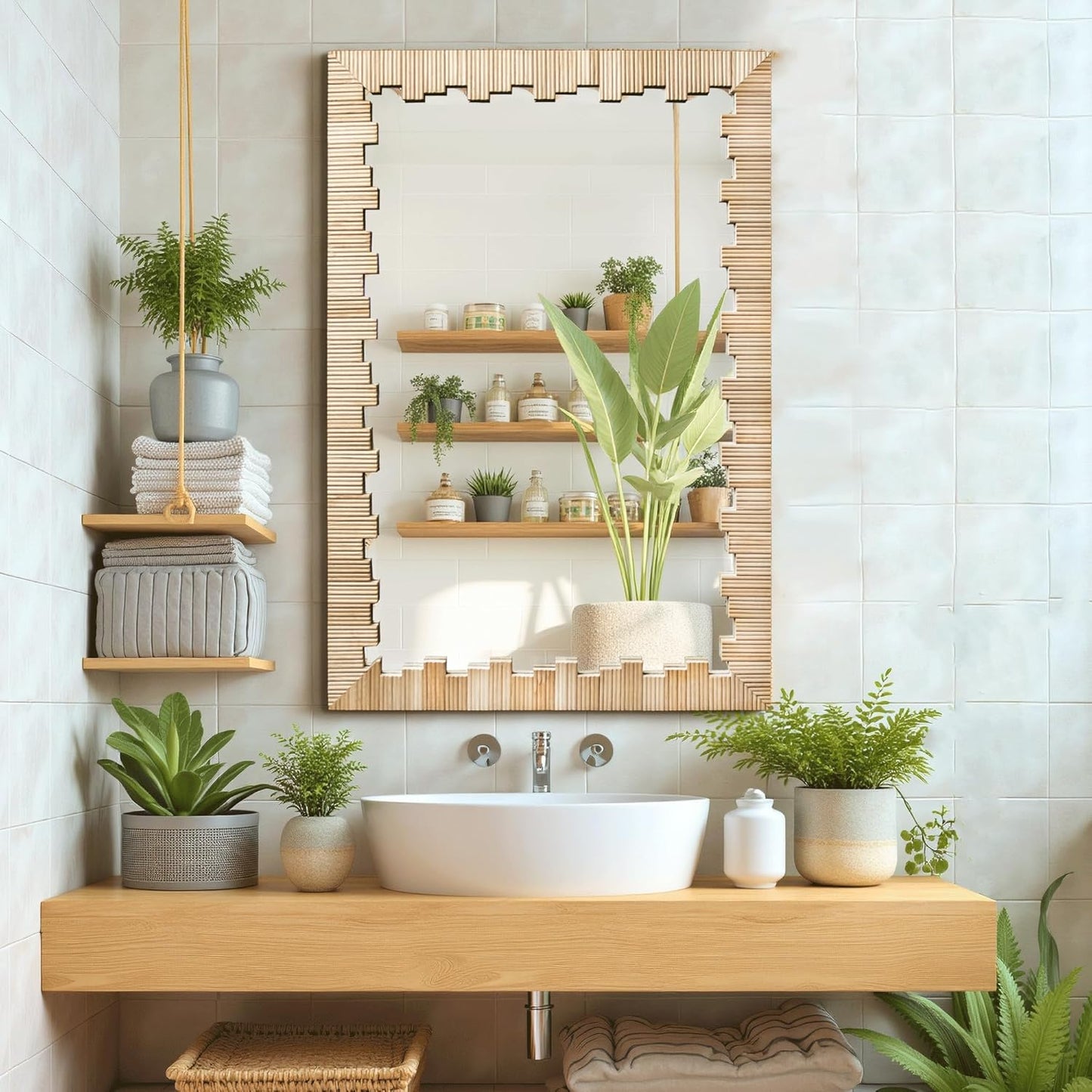 Boho Wall Mirror with Wood Frame, 30"x20" Faux Rattan Decorative Vanity Mirror for Bathroom, Living Room, Bedroom, Entryway(Rectangle)