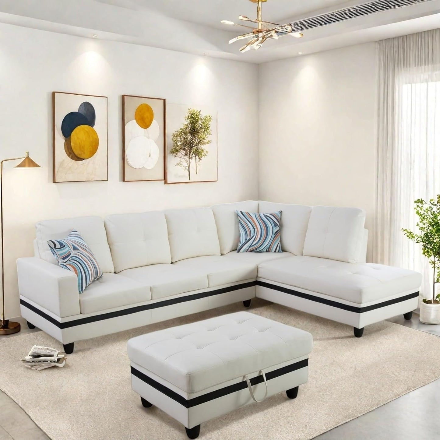 Sectional Couch with Ottoman Storage, L Shaped Sofa Furniture Sets, Modern Modular Couch Comfy Sofa for Living Room Bedroom, White