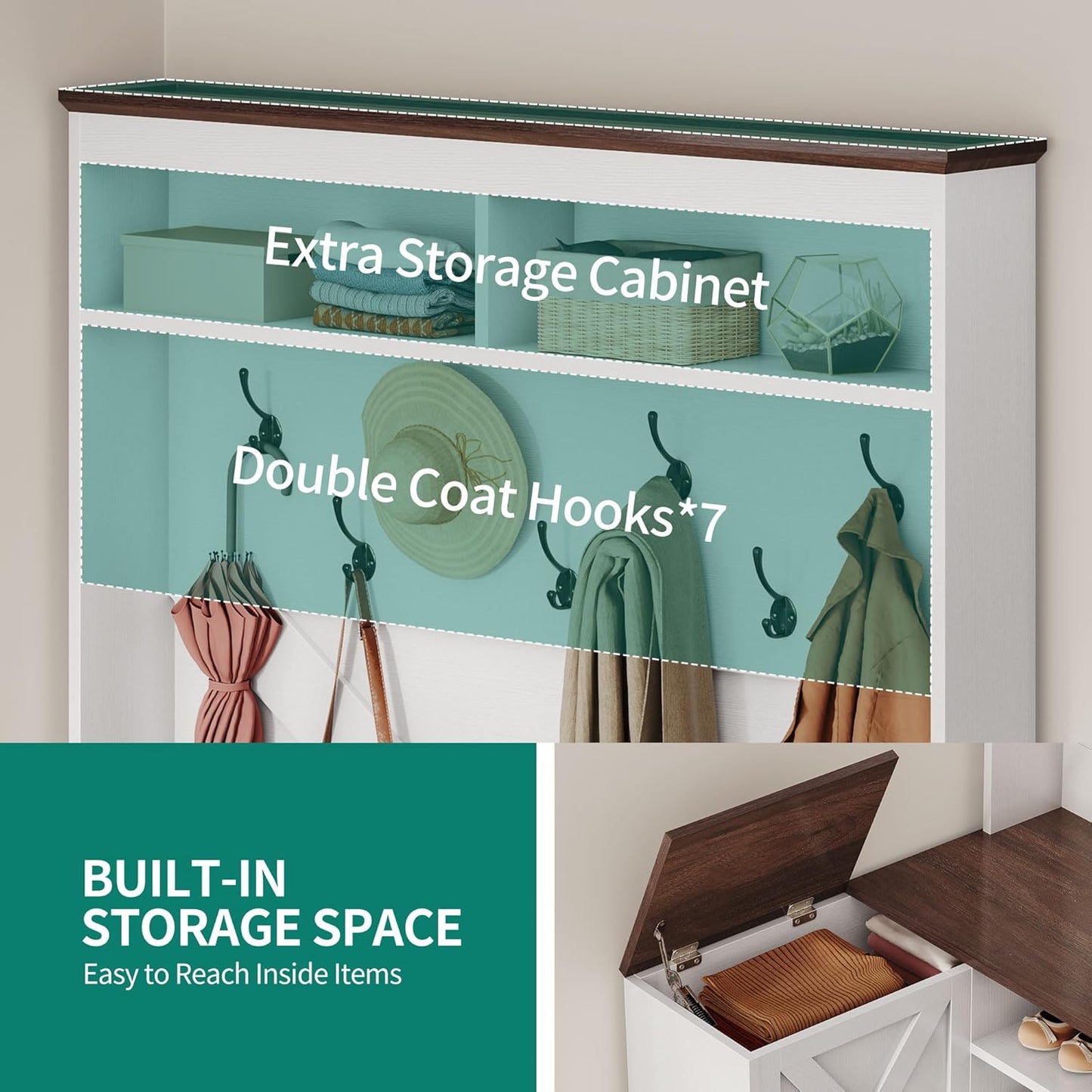 YITAHOME L-Shaped Hall Tree with Bench & Storage, Corner Entryway Organizer with 5 Shoe Shelves, Hidden Seat Compartment, Hooks & Open Top Storage for Living Room & Hallway, Walnut & Off-White