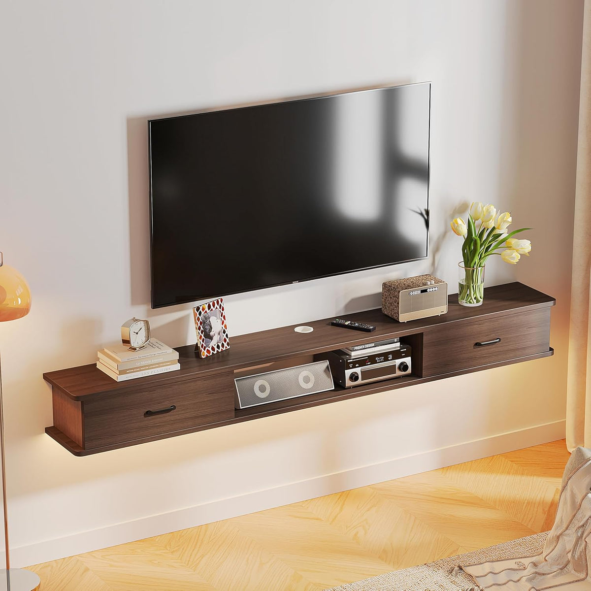 Floating TV Stand with 2 Doors,94'' Wall-Mounted TV Console,Floating TV Cabinet,Floating Console Shelf,Wall Mounted TV Cabinet(Walnut)