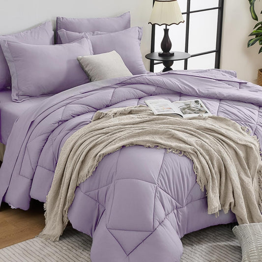 HEVUMYI Queen Purple Comforter Set - 7-Piece All Season Bed in a Bag Queen, Ultra Soft Bedding Set with Comforter, Flat Sheet, Fitted Sheet, Pillowcases, Pillow Shams, Lavender Purple