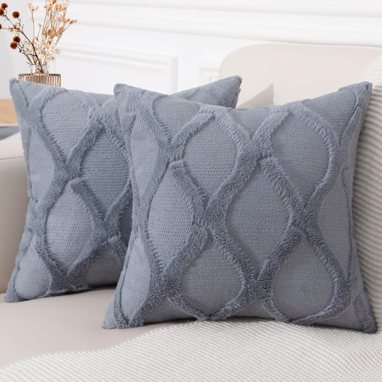 decorUhome Throw Pillow Covers 26x26 Inch Set of 2, Soft Plush Faux Fur Wool Blue Grey Couch Pillow Covers, Decorative Neutral Pillow Cases for Bed Sofa Living Room Home Decor