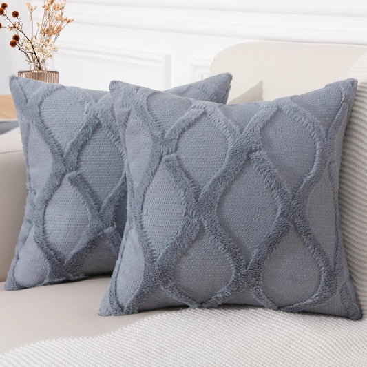 decorUhome Throw Pillow Covers 18x18 Inch Set of 2, Soft Plush Faux Fur Wool Blue Grey Couch Pillow Covers, Decorative Neutral Pillow Cases for Bed Sofa Living Room Home Decor