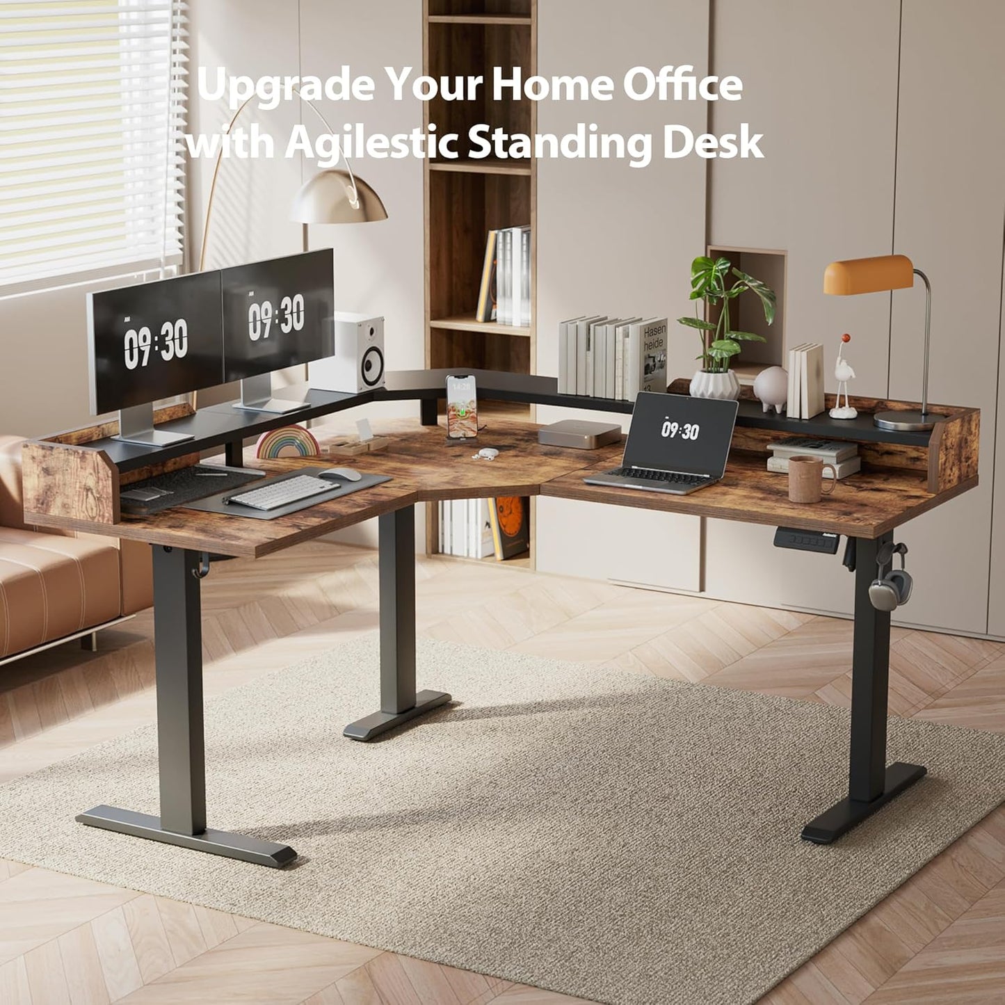 Agilestic L Shaped Standing Desk, Adjustable Height Corner Gaming Desk with Shelf, Sit Stand Up Desk, 63 x 55 Inch Home Office Computer Table, Rustic Brown