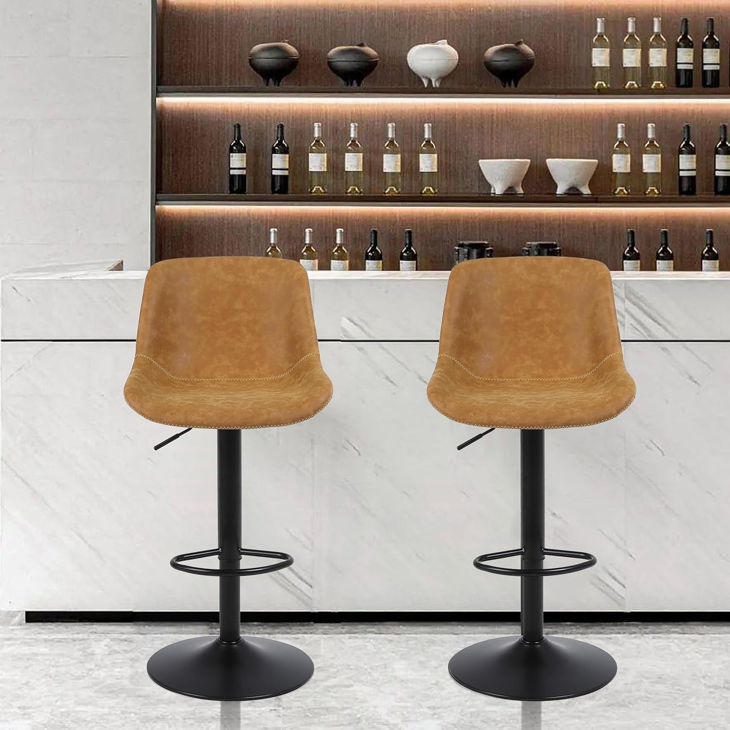 Bar Stools, Swivel Counter Height Barstools with Back, Adjustable Modern Bar Chairs, Tall Armless PU Leather Kitchen Island Stool (Yellow, Set of 4)