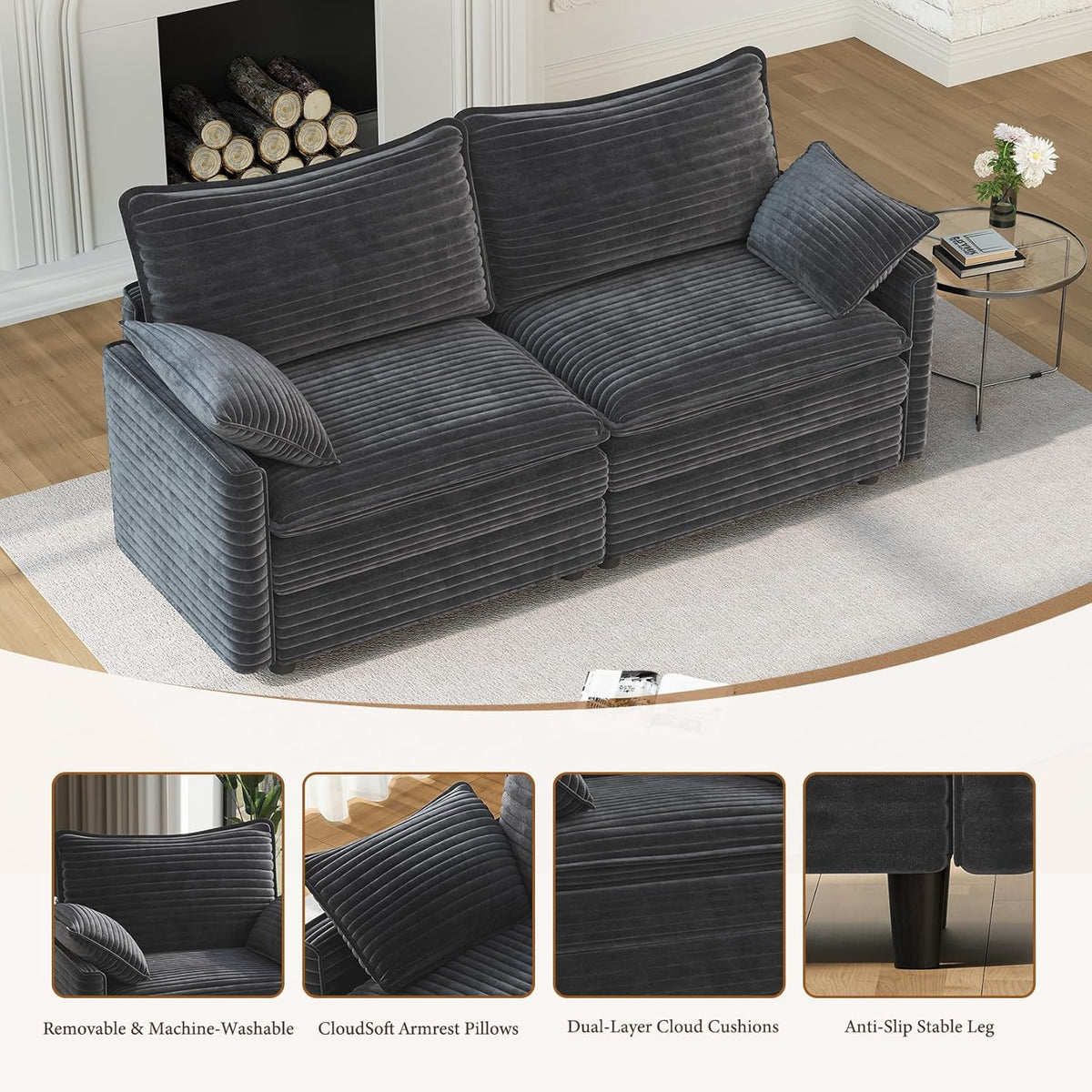 Vesgantti 74" Loveseat Sofa for Living Room, Comfy Cloud Couch Deep Seat Corduroy Modern 2 Seater Small Sofa with Armrest Pillow, Easy Assembly for Small Spaces, Gray