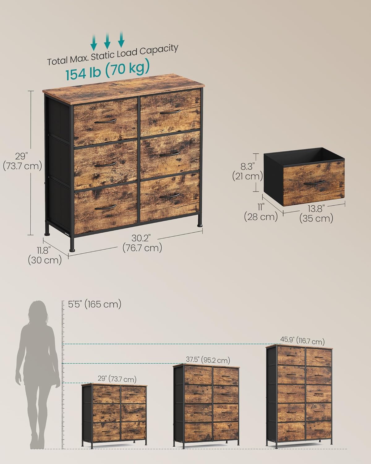 SONGMICS Dresser for Bedroom, Chest of Drawers, TV Stand, Steel, MDF, 6 Non-Woven Fabric Drawers, Storage Organizer Unit, Closet, Entryway, Rustic Brown and Ink Black ULGS123B02S