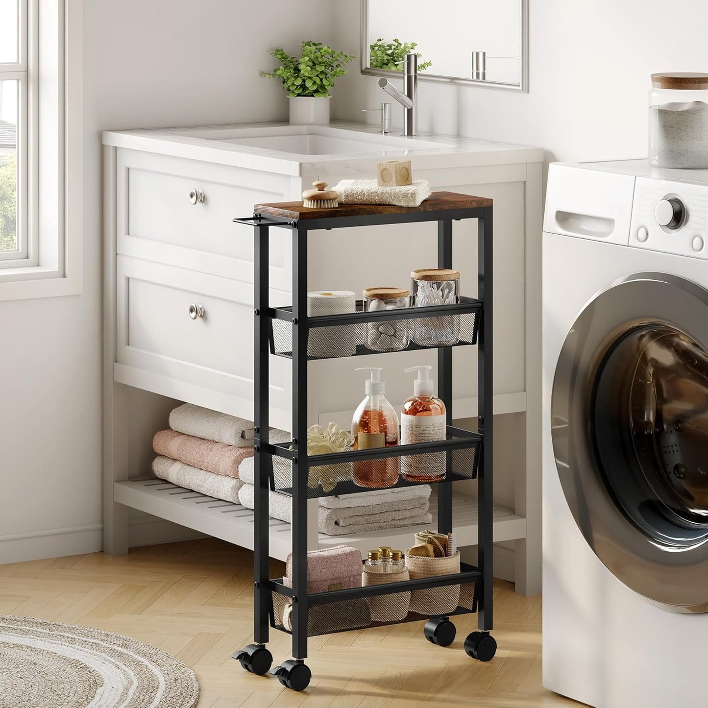 Hoctieon Slim Rolling Storage Cart, 4-Tier Narrow Kitchen Storage Cart with Handle & Wheels, Mobile Shelving Unit, Wooden Top & Metal Frame, Utility Cart for Kitchen, Small Spaces, Rustic Brown