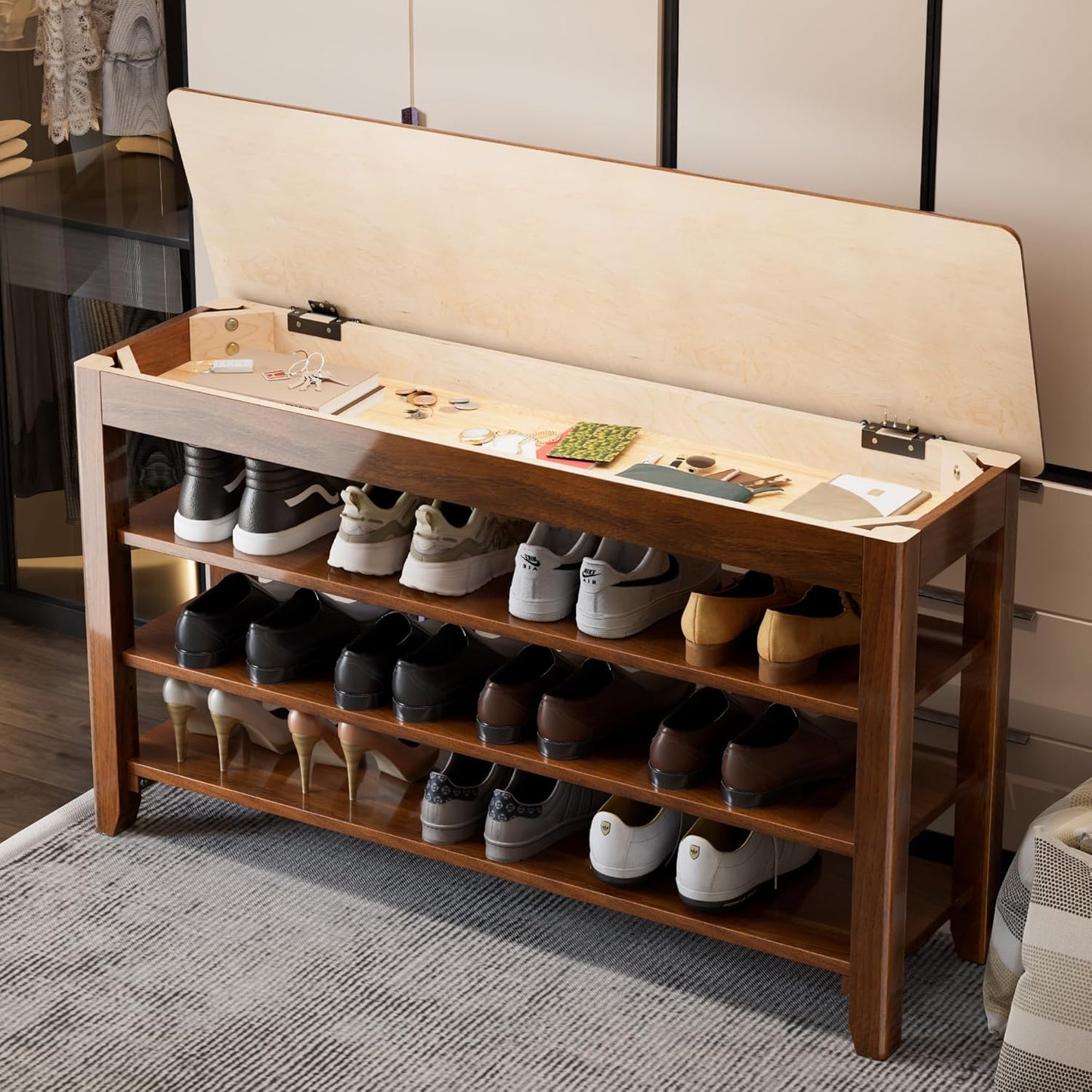 Shoe Storage Bench for Entryway - 4 Tier Shoe Rack for Front Door Entrance, Rubberwood Shoes Rack Height Adjustable, Entryway Bench with Shoes Storage for Any Room (Walnut, 39.4" W)