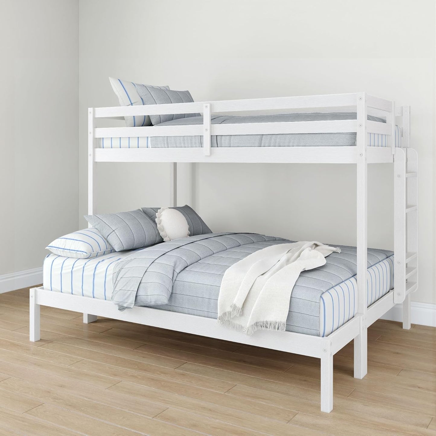 Grain & Grove Bear Twin XL Over Queen Bunk Bed, Sturdy Bunk Bed Frame for Kids, Plywood Bunk with Ladder, Guardrail, and Slats, No Box Spring Required, Brushed White