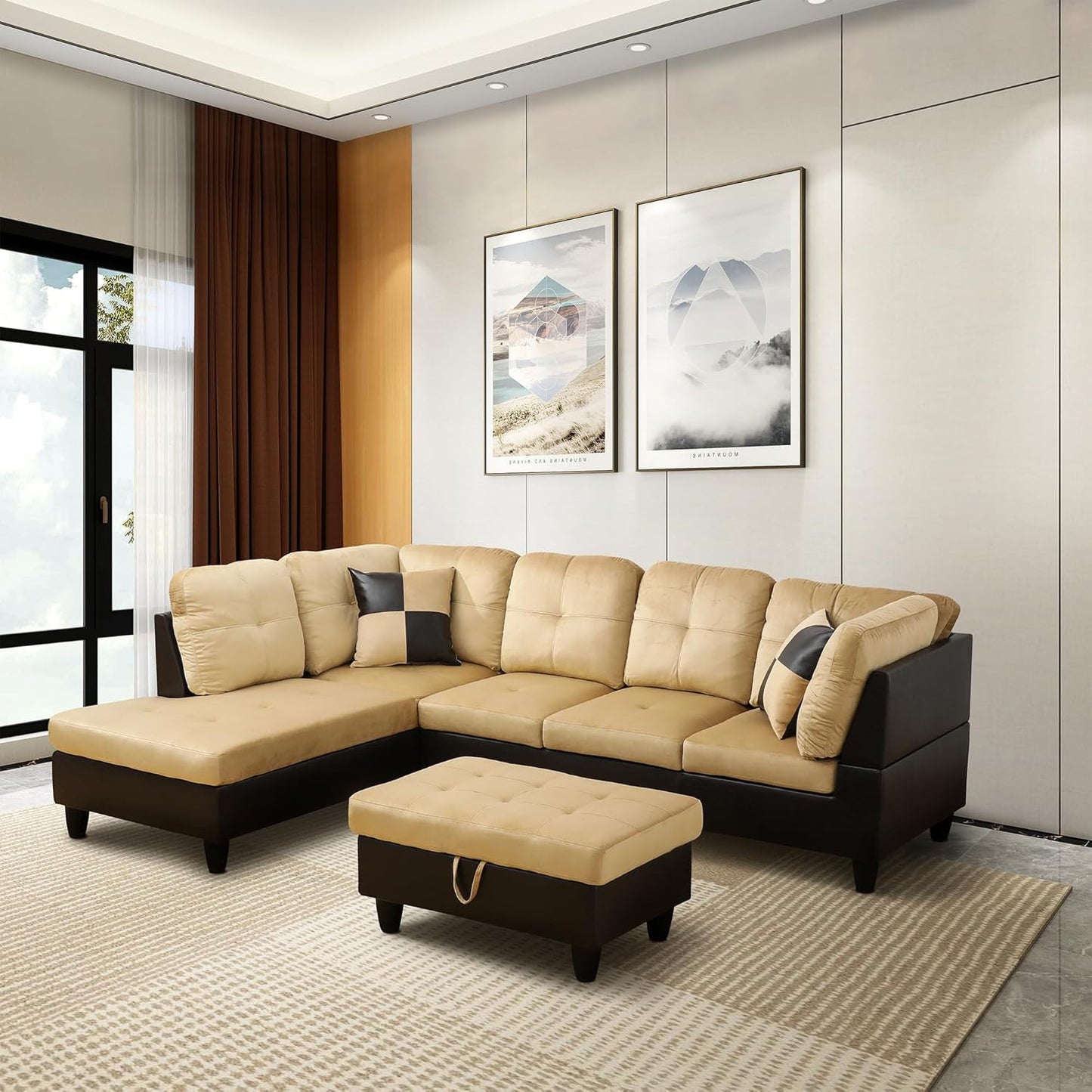 NicBex Sectional Couch 3 Pieces Sofa Set with Right Chaise Lint PVC L Shaped Cloud Couch for Living Room Furniture Sets with Storage Ottoman, Modular Sofa for Living Room & Apartment, Beige+Black