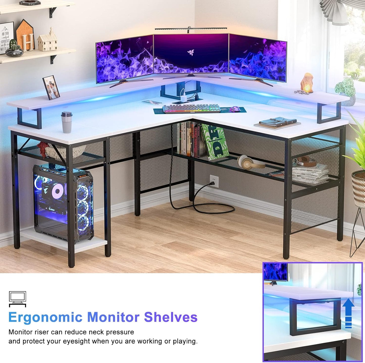 Unikito L-Shaped Desk with LED Strip and Power Outlets, Reversible Corner Computer Desk with Monitor Stand and Storage Shelf, Modern L-Shaped Gaming Table, Home Office Desk with USB Ports, White