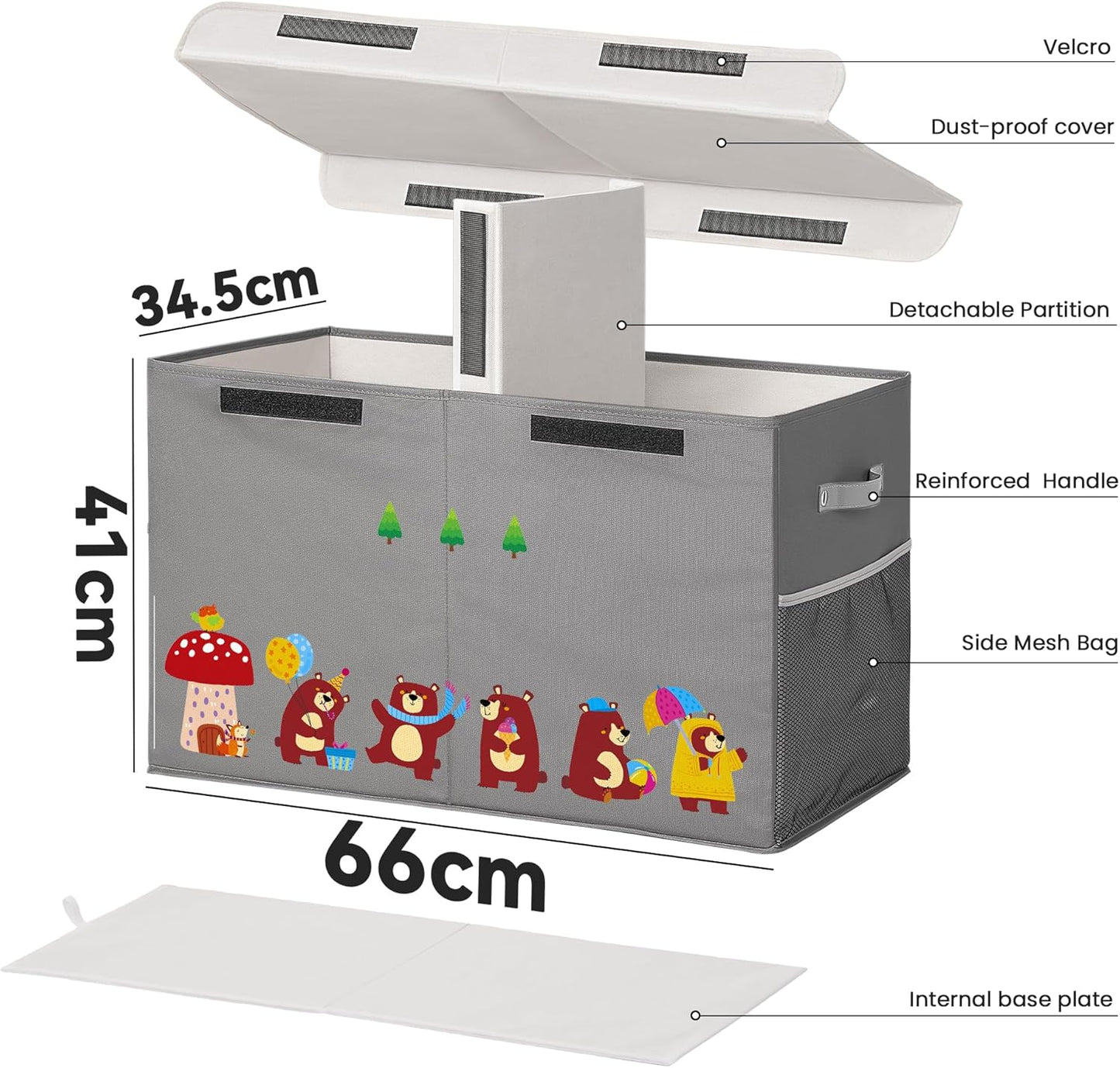 80L Large Toy Storage Box with Lid, Large Toy Box Chest for Kids, Girls and Boys, Nursery Room and Living Room, 26"x13" x16" (grey-bear)