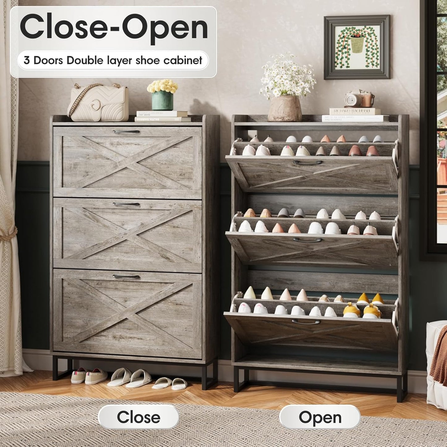 Maupvit Shoe Storage Cabinet with 3 Flip Drawers, Freestanding Organizer with Metal Legs for Entryway, Narrow Shoe Rack Cabinet, Light Rustic Oak