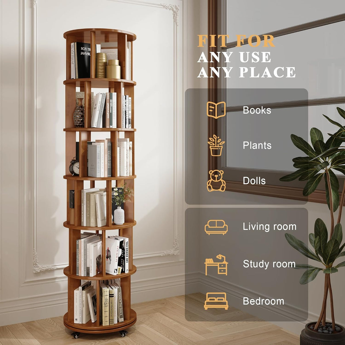 6 Tier Bookshelf Tower, 360° Solid Wood Spinning Bookcase with Swivel Wheels, Floor Standing Book Shelf for Small Space, Bookshelf for Home Office Study Room Bedroom Living Room
