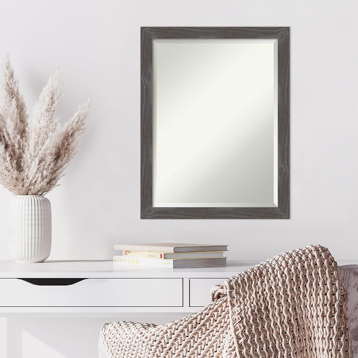 Amanti Art Grey Wall Mirror 27x21 Woodridge Rustic Grey Rectangle Bathroom Mirror for Wall Decor Living Room, Medium Country Rustic Wood Frame, Hangs Horizonally and Vertically, Bathroom Decor,