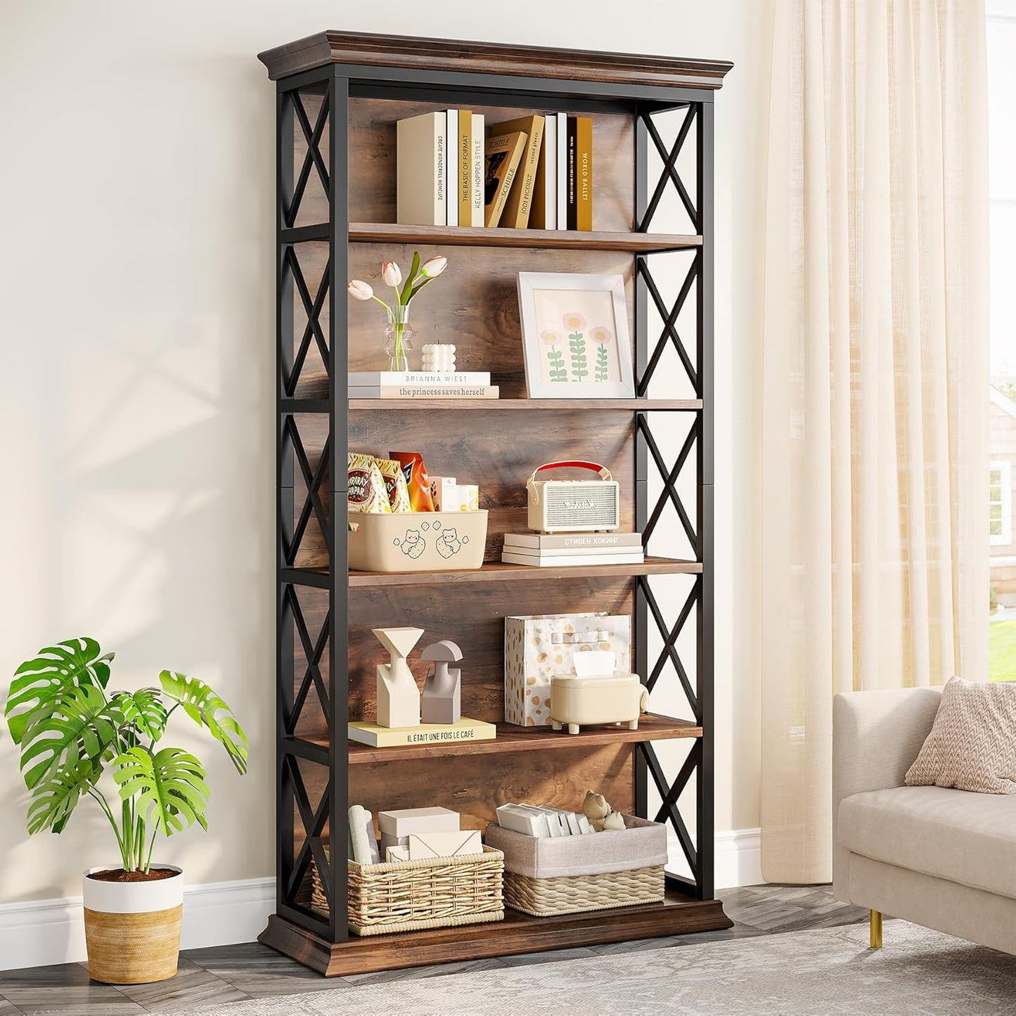 Tribesigns 6-Tier Bookcase, 71 Inches Industrial Bookshelves and Bookcases, Floor Standing 5 Shelf Display Storage Shelves Tall Bookcase for Home Office, Living Room, Bed Room, 2 Pcs